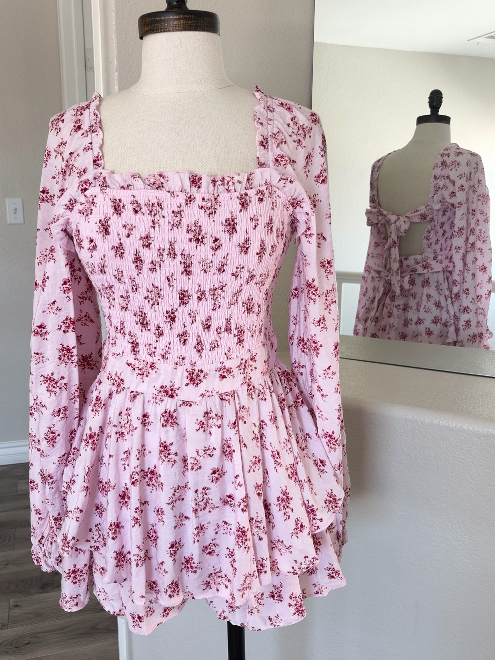 Francesca's Collections Pink Floral Smocked Romper with Tie Waist